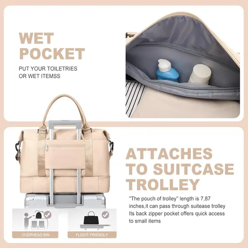 Vista 5 de Bolsas de fin de semana para mujer, bolsas de viaje con compartimento para zapatos, Beige, Bolsa de viaje+neceser