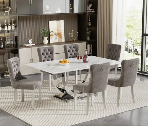 Vista 63 de Juego de mesa de comedor de 5 piezas para 4, mesa de cocina de mármol negro de 68 pulgadas con 4 sillas beige, mesa de comedor rectangular moderna