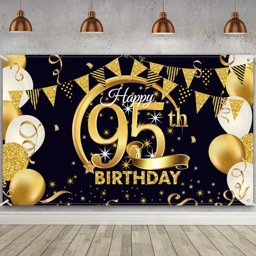 Vista 12 de Decoración de fiesta de cumpleaños número 15, cartel póster de tela extra grande negro y dorado para telón de fondo de cabina de fotos
