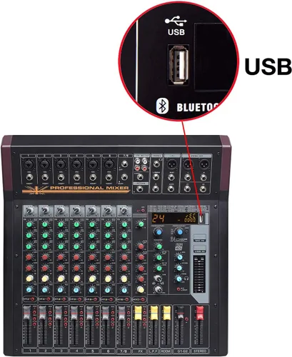 Vista 3 de Boytone BT-88MX- Mezclador de sonido de audio Bluetooth Studio de 9 canales, interfaz de controlador de sonido DJ, conector de micrófono XLR, 1