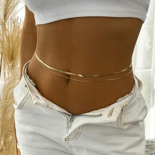 Vista 3 de Cadena de cintura dorada en capas para el vientre para mujer, cadena de serpiente, cadena de cintura de espiga dorada para el verano