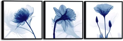 Vista 9 de Wieco Art – Flores abstractas azules enmarcadas, 3 paneles, impresiones en lienzo, arte de pared moderno, diseños artísticos para sala de estar