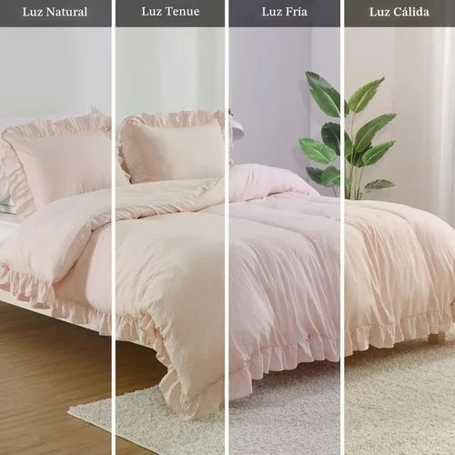 Vista 7 de Juego de funda de edredón rosa con volantes, tamaño Queen, 3 piezas, de microfibra lavada suave, estilo vintage, estilo francés, para cama Queen