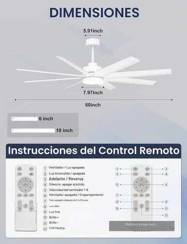 Vista 7 de Ohniyou Ventilador de techo de 60 pulgadas con luz, ventilador de techo blanco moderno de 8 aspas con control remoto y aplicación, regulable