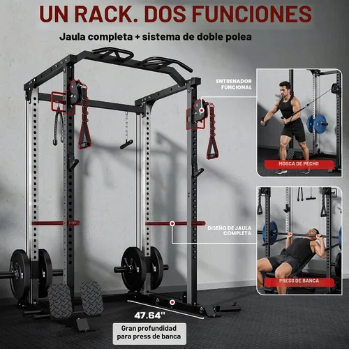 Vista 8 de DP01 - Jaula de potencia, estante para sentadillas de 2000 libras con cable cruzado y sistema de polea doble independiente, jaula completa
