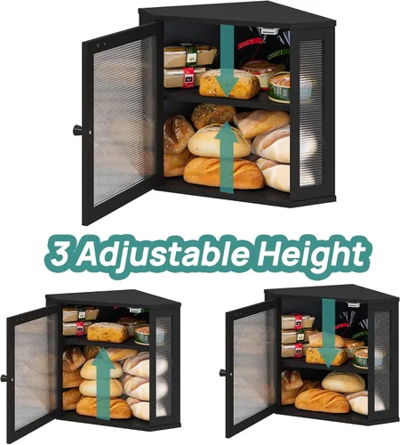 Vista 6 de viewcare Caja de Pan de Esquina para Encimera de Cocina, Caja de Pan de Madera de Bambú Negra, Caja de Almacenamiento de Pan de Gran Capacidad