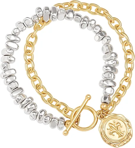 Vista 9 de PEARLADA Pulsera de cadena de oro de 18 quilates con capas, dije de moneda y cierre de palanca, joyería moderna con circonia cúbica 1. Cruz de hilo