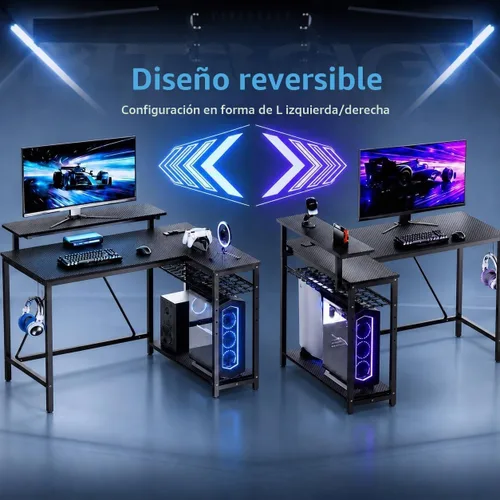 Vista 4 de Bestier - Escritorio de juegos con tomas de corriente, escritorio para computadora de 42 pulgadas en forma de L con luces LED, escritorio