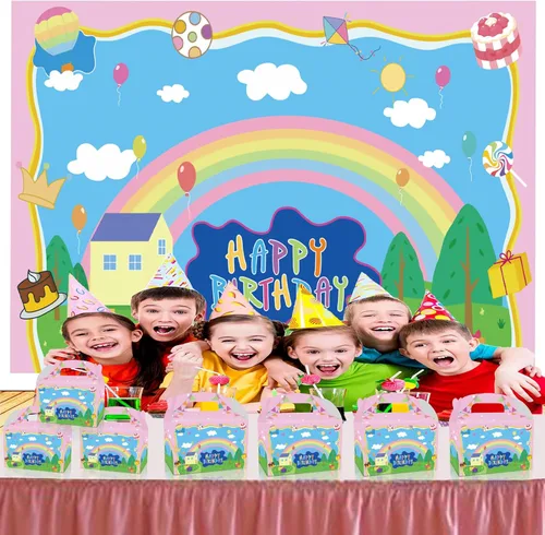 Vista 6 de YOOUUQIAN Decoraciones de feliz cumpleaños de cerdo de dibujos animados, 12 unidades, cajas de regalo de fiesta de cumpleaños rosa animé para niños