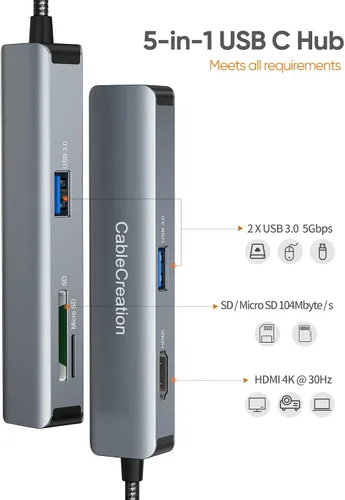 Vista 2 de Hub USB C, adaptador multipuerto CableCreation 5 en 1 para iPad Pro con HDMI 4K, 2 USB 3.0, lector de tarjetas SD/Micro SD para MacBook Pro/Air