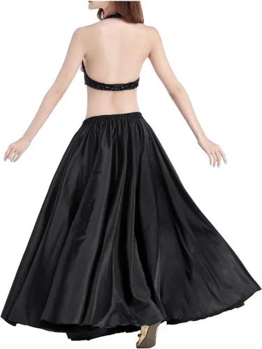 Vista 8 de Indian Trendy Falda de satén para mujer, de círculo completo, para danza del vientre tribal, con movimiento de Halloween Negro