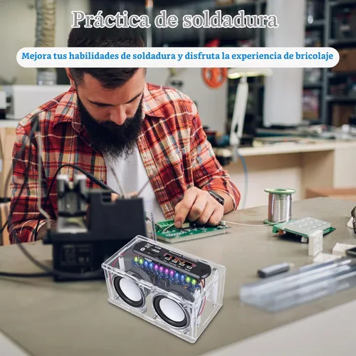 Vista 3 de Kit de altavoces compatible con Bluetooth, función de grabación, kit de práctica de soldadura de radio FM con espectro LED, soporte