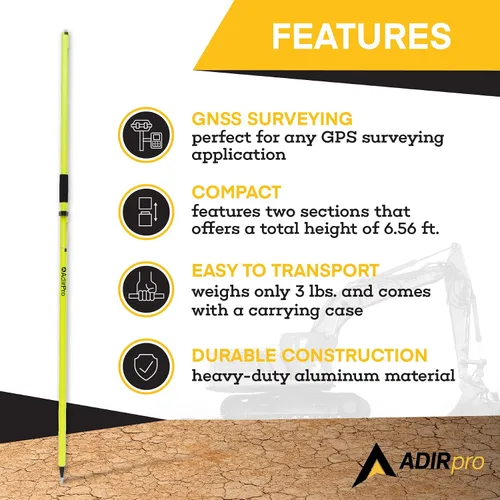 Vista 4 de AdirPro Varilla de aluminio GPS Rover de 6.6 ft Poste GPS de diseño de 2 piezas con rosca de 5/8 "-11 para topografía e ingeniería RTK GPS/GNSS