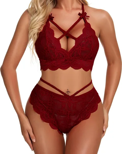 Vista 17 de Conjunto de lencería sexy de brasier y pantaletas con correas finas, de encaje