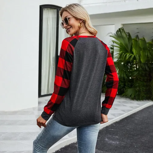 Vista 2 de AFKCBU Camiseta de manga larga con cuello redondo y estampado de otoño e invierno para mujer 2021