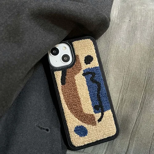 Vista 4 de Funda de teléfono geométrica de felpa cálida retro compatible con iPhone 14 Pro, elegante funda abstracta con bordado de toalla, funda protectora