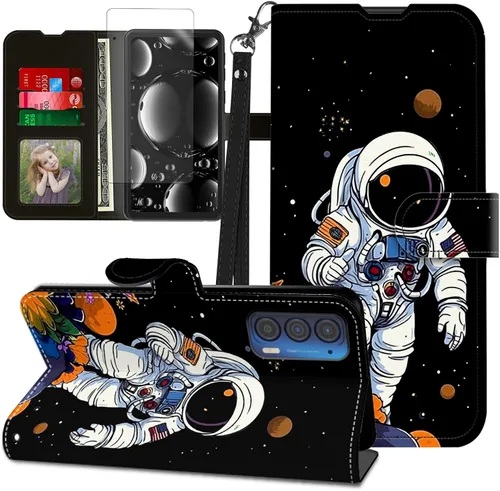 Vista 316 de Funda para Motorola Edge 2022 con protector de pantalla, soporte y tarjetero y correa para la muñeca, funda magnética para Moto Edge 2022 5G UW Lobo