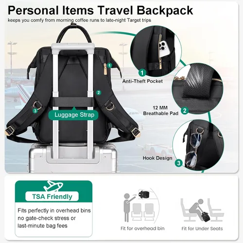 Vista 5 de Mochila de almuerzo, mochila para laptop de 15.6 pulgadas para mujeres, enfermeras, profesores, mochila de trabajo con lonchera aislada, Negro