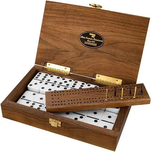 Vista 2 de Alex Cramer Cabin Club - Juego de dominó clásico con estuche de nogal negro, 28 dominó indestructibles de doble seis, de primera calidad