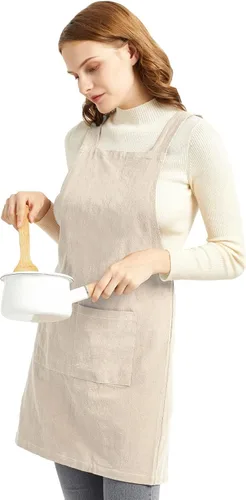 Vista 3 de ELEZAY Delantales para mujer con bolsillos, talla grande, cómodo, espalda cruzada, sin lazo, delantal de lino y algodón Beige