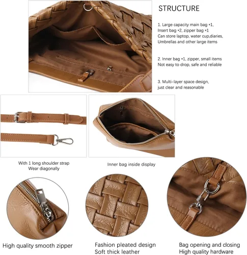 Vista 5 de Bolso Boston para mujer, bolso tejido de cuero vegano, bolso de mensajero para mujer, bolso cruzado de hombro de moda, casual hobo