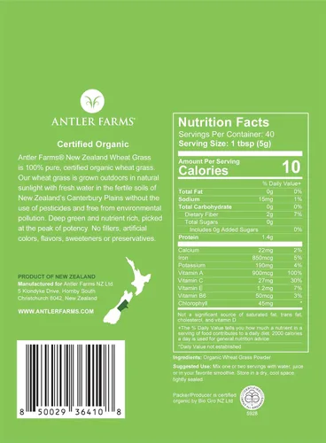 Vista 2 de Antler Farms - 100% puro, orgánico, polvo de pasto de trigo de Nueva Zelanda, 40 porciones, 7.05 oz - crudo, vegano, sin gluten, rico en nutrientes