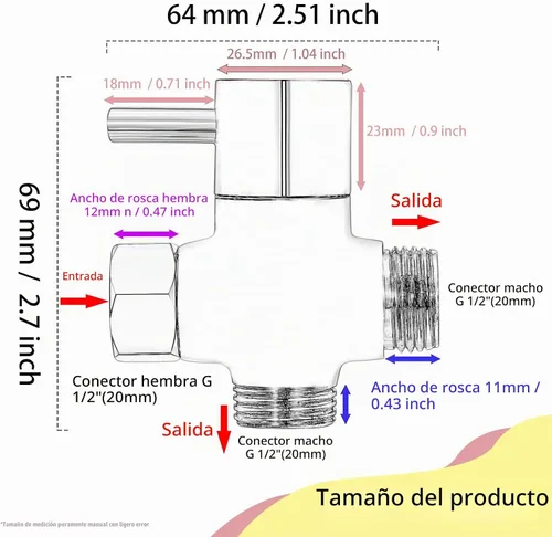 Vista 3 de Válvula desviadora de cabezal de ducha G1/2 pulgadas, válvula desviadora de brazo de ducha de latón macizo para cabezal de ducha de mano y cabezal
