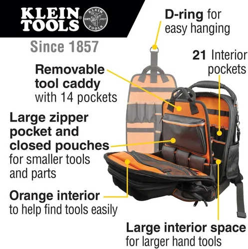 Vista 2 de Klein Tools 55485 Mochila para herramientas, 48 bolsillos, negro/naranja/gris