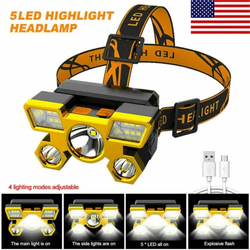 Vista 2 de RUNAAJA - Linterna frontal LED COB de 750000 lúmenes, linterna recargable, lámpara de cinco lámparas de diseño súper lejano para correr al aire