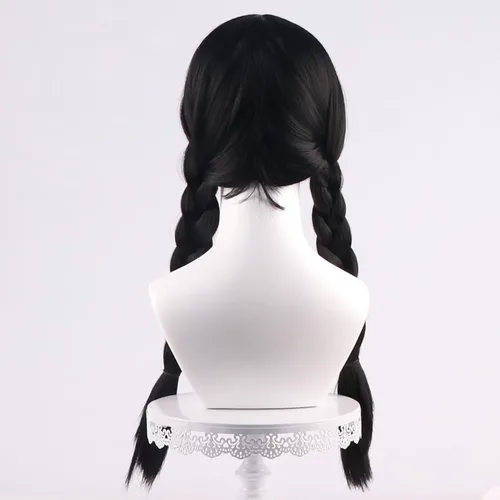Vista 6 de COSPLAZA Wednesday - Pelucas largas de coletas trenzadas negras para mujer, peluca de disfraz de Halloween con flequillo plano