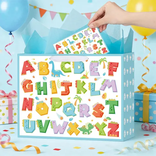 Vista 5 de woric Bolsa de regalo grande de 14.5 pulgadas, bolsas de regalo de cumpleaños azules con papel de seda y tarjeta de felicitación para niños y niñas