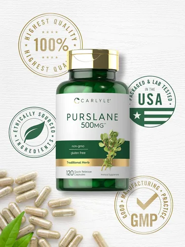 Vista 5 de Carlyle Cápsulas de verdolaga 500mg 120 unidades Extracto de Portulaca Oleracea Suplemento sin OGM, sin gluten