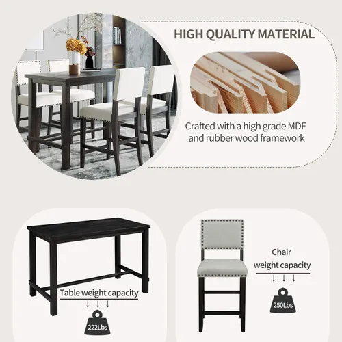 Vista 4 de Harper & Bright Designs Juego de comedor de 5 piezas, mesa clásica elegante y 4 sillas en color espresso y beige