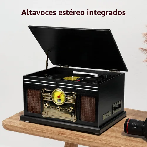 Vista 5 de FEKTIK FEKTIK - Tocadiscos Bluetooth 10 en 1, tocadiscos de 3 velocidades para vinilo con altavoces, convertidor LP a MP3, CD, reproductor de Negro