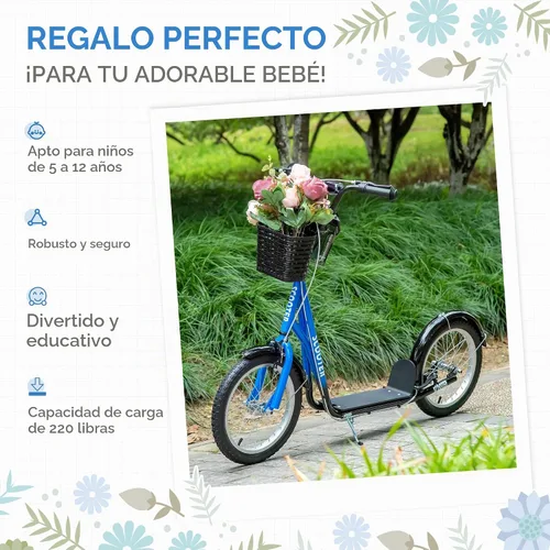 Vista 4 de Aosom Youth Scooter Kick Scooter 16" Inflatable Rubber Tires Basket Azul
