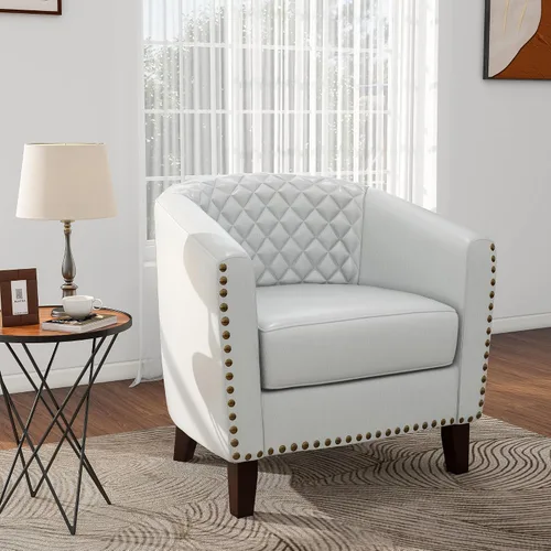 Vista 34 de Pia Ricco Silla de Acento Tipo Barril de Cuero Sintético, Silla de Club Moderna con Brazos, Cómoda Silla Individual Tapizada con Patas de Madera