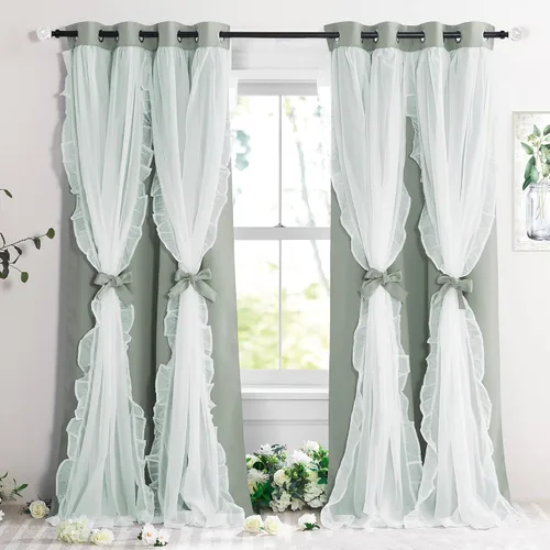Vista 34 de PONY DANCE Cortinas con Volantes de Doble Capa con Superposición Transparente, Decoración Elegante para Ventanas de Diseño Rústico Francés de Campo