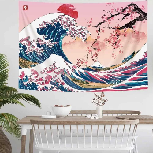 Vista 6 de MERCHR Tapiz de pared de flor de cerezo con sol rosa y rojo, olas del océano y escena de montaña, diseño de anime asiático para dormitorio, 60 x 40
