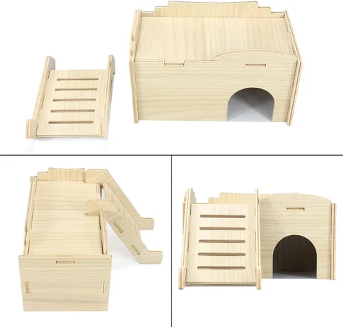 Vista 4 de Piel de hámster sirio con casa de madera, escalera de escalada y ventana, juego de cabaña desmontable/masticar/ocultar
