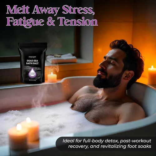 Vista 3 de Aromasong Sal pura del mar muerto para remojar con lavanda 100 % natural, 14 onzas, sal de baño de spa de grano fino, exfoliante de lavado corporal