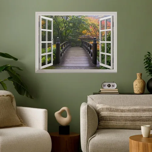 Vista 18 de wall26 Adhesivo decorativo para pared, diseño de oso y mariposa fuera de una ventana abierta, no se pega ni se pega, papel tapiz no tejido