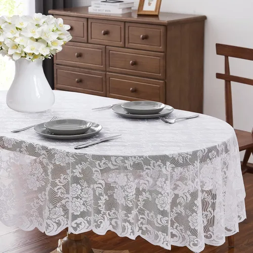 Vista 9 de ASATEX Camino de mesa de encaje de lino dorado de 14 x 36 pulgadas con 2 borlas. El patrón floral clásico y elegante es la opción ideal