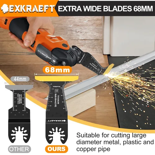 Vista 4 de EXKRAEFT 18 cuchillas oscilantes de titanio, cuchillas multiherramienta universales profesionales para madera, plástico y metal, kits de cuchillas