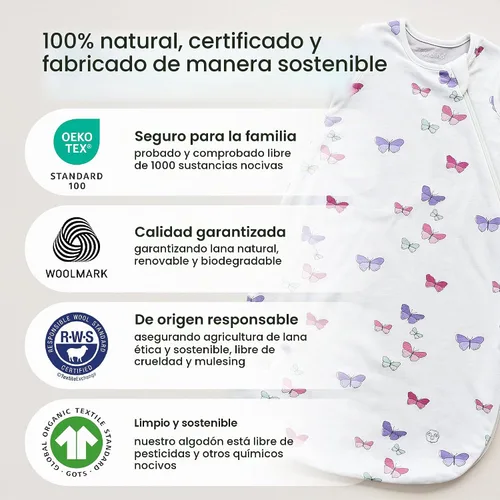 Vista 3 de Woolino – Saco de dormir para bebé – 4 temporada Basic lana merino – Saco de dormir o saco, 0 – 3 Años, 0-6 meses, Gris Gris abedul