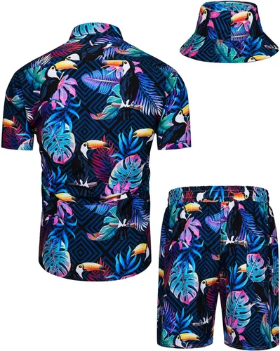 Vista 2 de TUNEVUSE Conjunto de camisas y pantalones cortos hawaianos para hombre, 2 piezas, trajes de playa con estampado de flores, traje tropical de verano