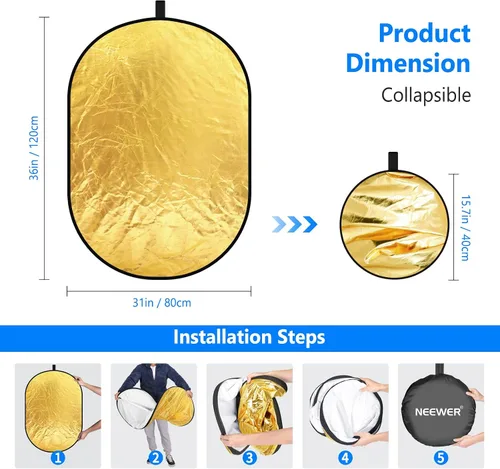 Vista 3 de NEEWER Reflectores de luz de 80x120cm para fotografía de 31"x47", portátiles 5 en 1 plegables con bolsa - Difusor translúcido, plateado, dorado