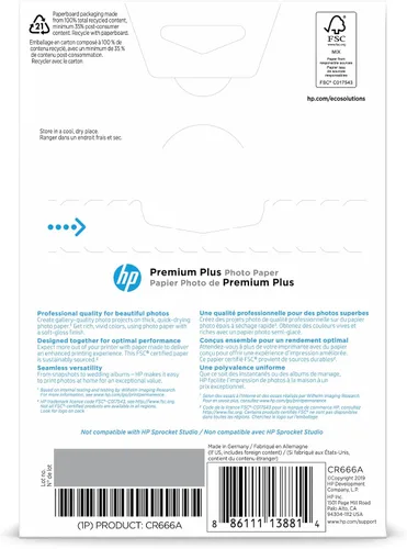 Vista 10 de HP Premium Plus CR666A Papel fotográfico, brillo suave, de 4 x 6 pulgadas. Paquete de 100 hojas.