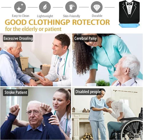 Vista 4 de Pafusen Paquete de 3 baberos para adultos para hombres y personas mayores, baberos de alimentación para adultos mayores con atrapador de migas