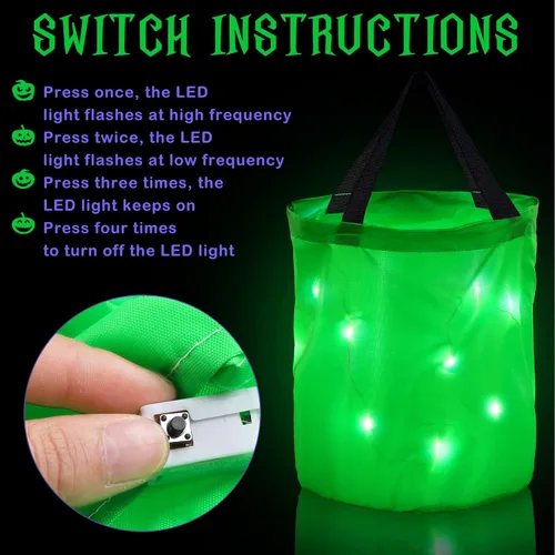 Vista 4 de 2 bolsas de dulces de Halloween con luz LED, bolsas de fiesta de Halloween, multiusos, reutilizables, bolsas para Halloween para dulce o dulce Verde