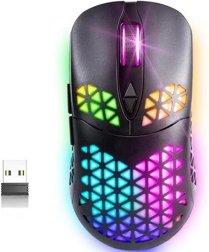 Vista 8 de WolfLawS KM-3 - Mouse inalámbrico para juegos, mouse inalámbrico RGB recargable con 7 botones programados, 4 niveles de DPI, 60 horas de juego